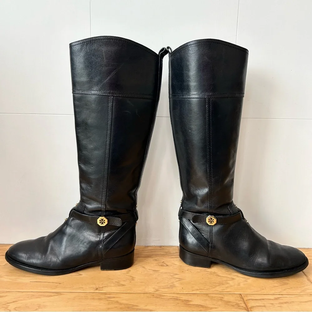 Tory Burch Black Brita Knee High Riding Boot 7 1/2 Signature Gold Metal Trim